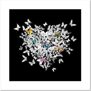 Monochrome and Colorful Butterflies Heart Posters and Art